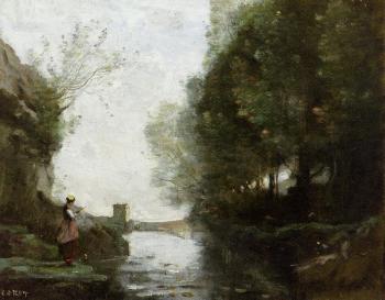 Jean-Baptiste-Camille Corot : Le cours d'eau a la tour carree(Watercourse leading to the square tower)